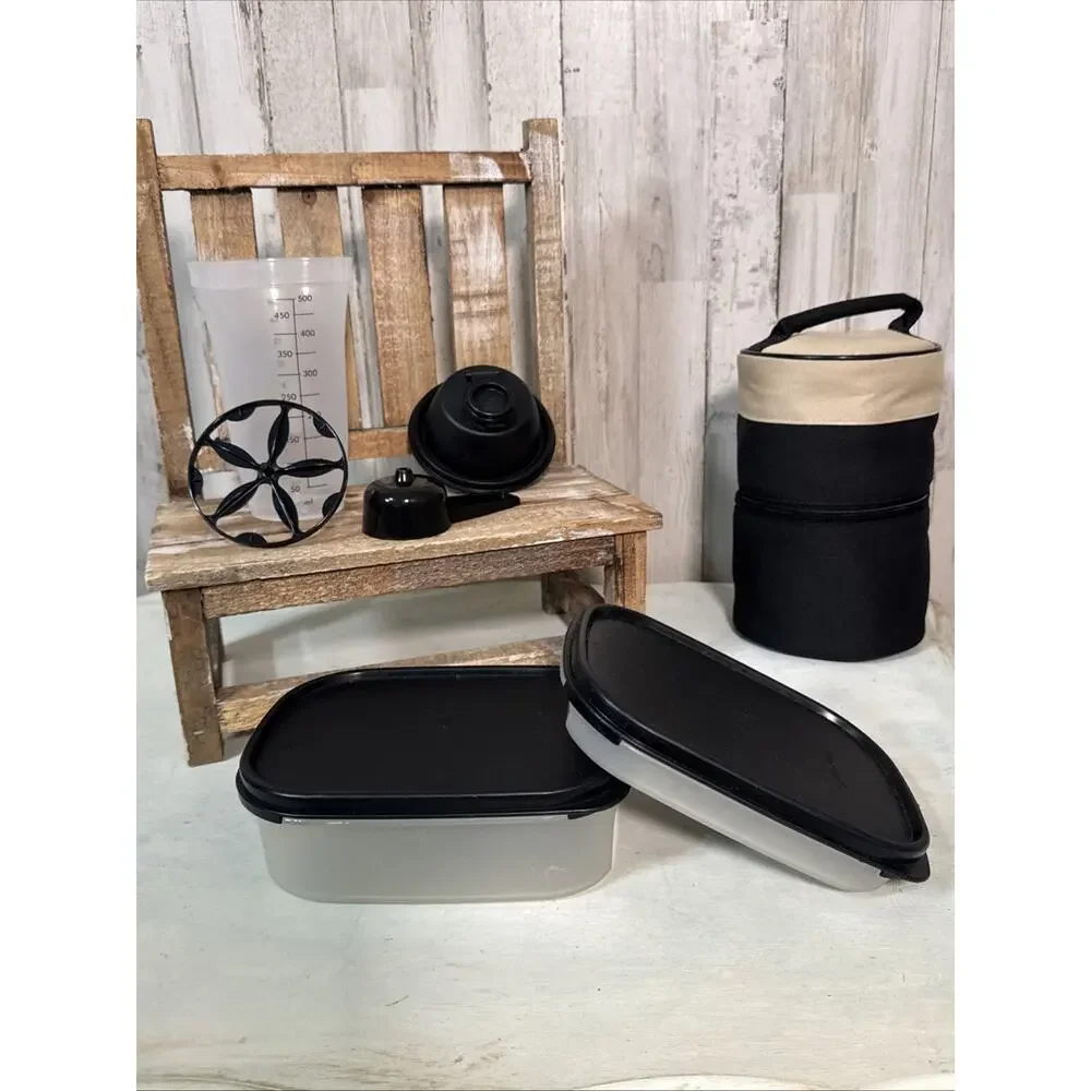 Vintage New Tupperware Black And Tan Insulated Zip Lunch Set With Bonus Items